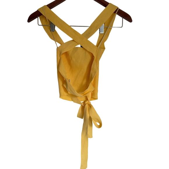 Tie Back, Yellow, Ribbed, Halter Crop Top - Picture 2 of 6